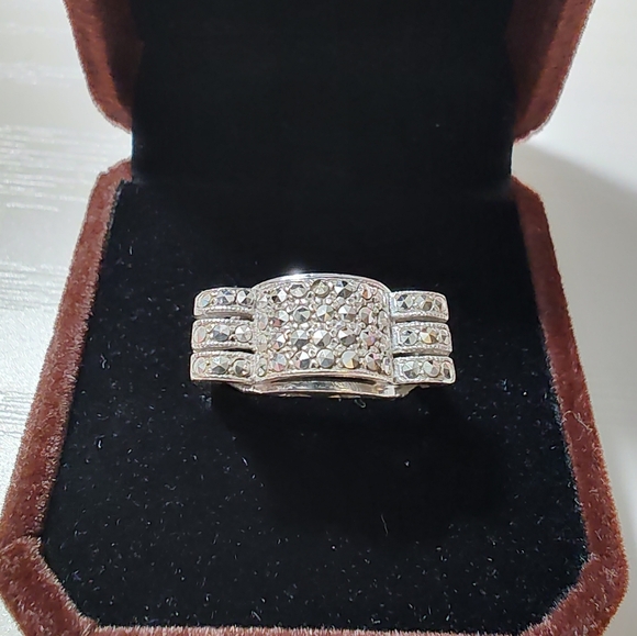 Art Deco German 935 Silver Marcasite Cocktail Ring Size 7 - Picture 12 of 17